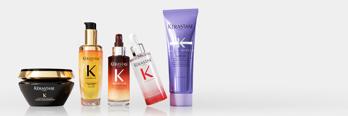Kérastase hårplejeprodukter fra serierne Chronologiste, Elixir Ultime, Nutritive, Genesis og Blond Absolu.